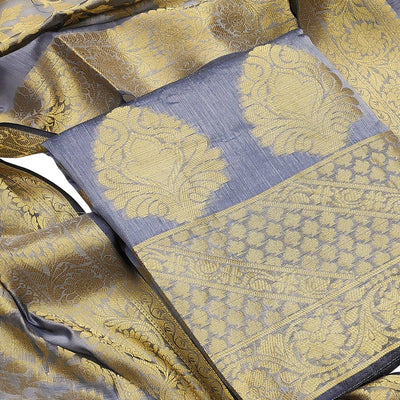 Flattering Grey Colored Festive Wear Woven Banarasi Silk Dress Material