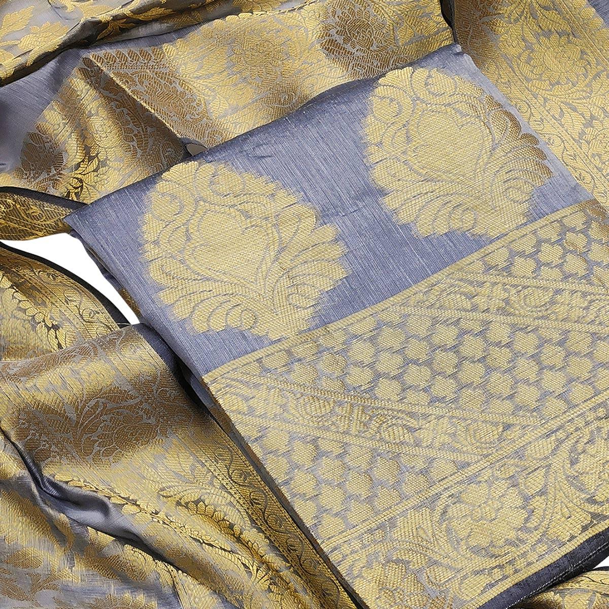 Flattering Grey Colored Festive Wear Woven Banarasi Silk Dress Material