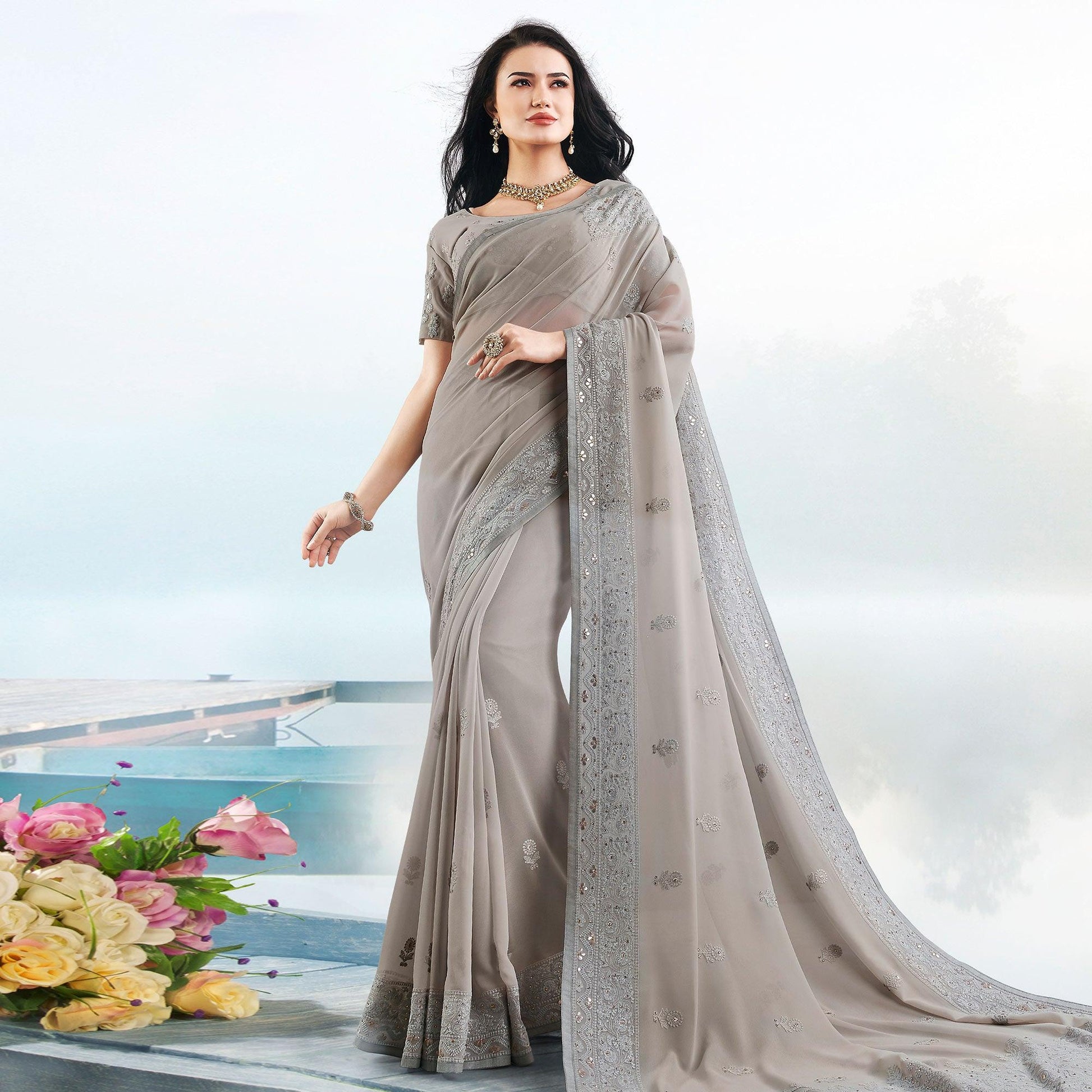 Flattering Grey Colored Partywear Embroidered Georgette Saree