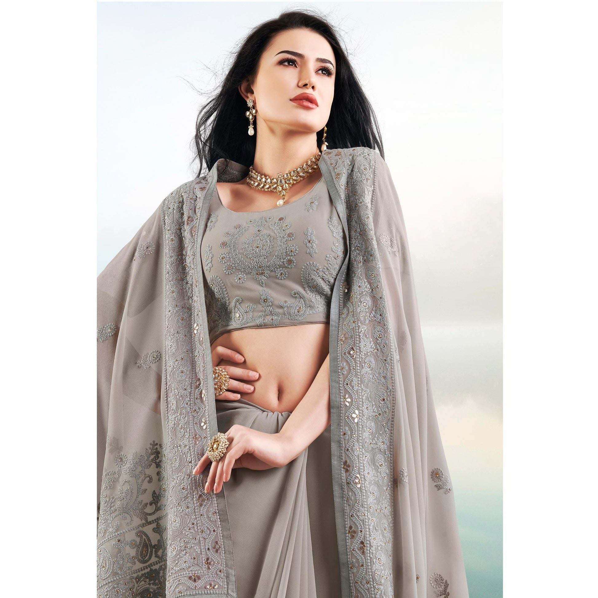 Flattering Grey Colored Partywear Embroidered Georgette Saree
