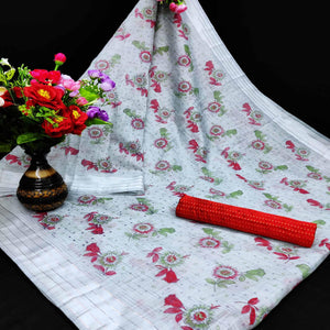 Flattering Grey Coloured Floral Print Casual Wear Striped Pattern Cottton Saree