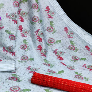 Flattering Grey Coloured Floral Print Casual Wear Striped Pattern Cottton Saree