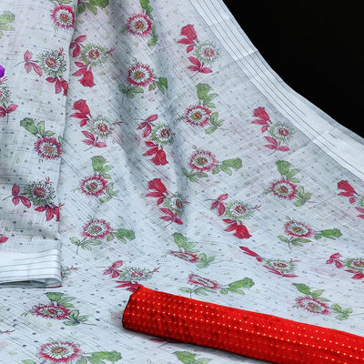 Flattering Grey Coloured Floral Print Casual Wear Striped Pattern Cottton Saree