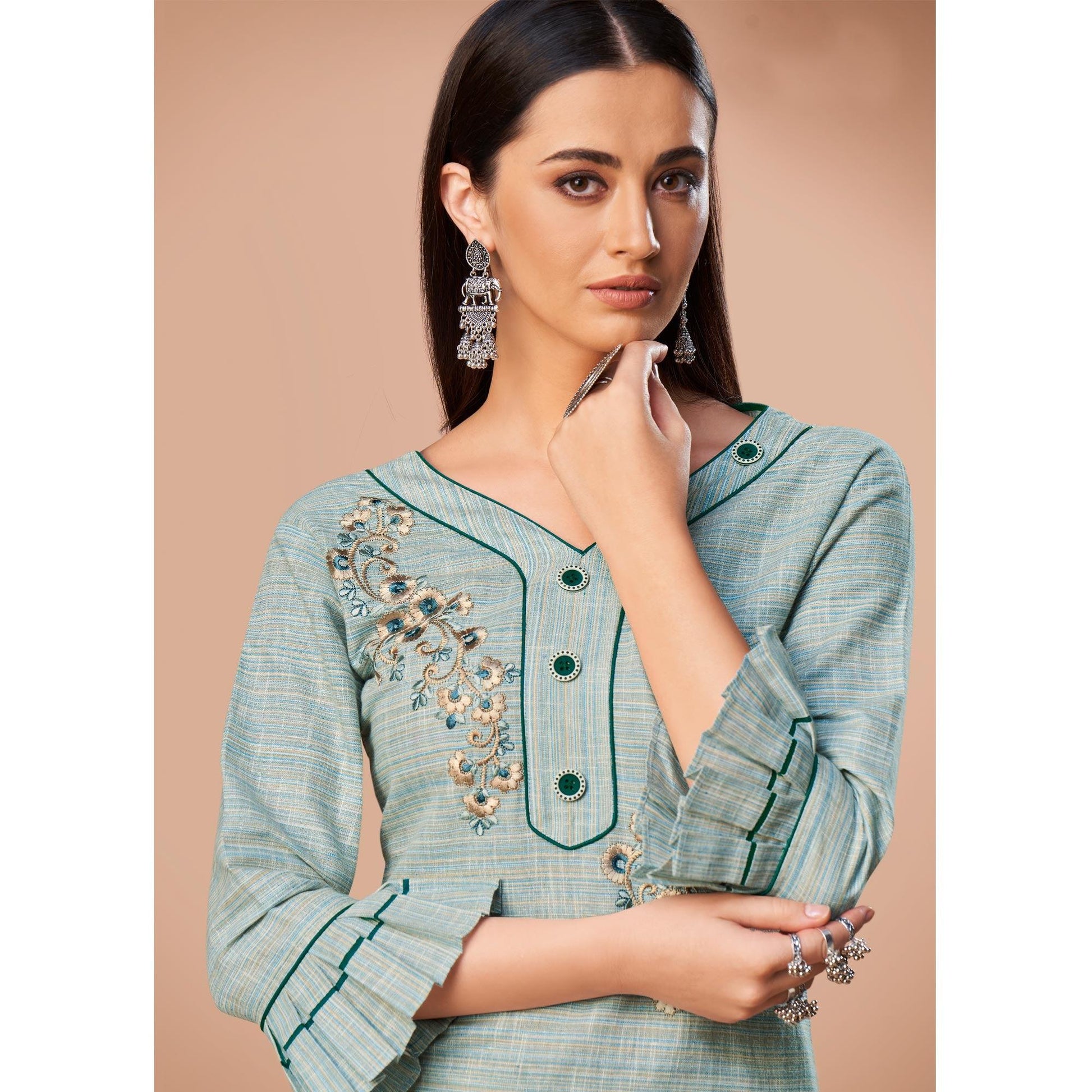 Flattering Light Blue Colored Partywear Embroidered Cotton Kurti