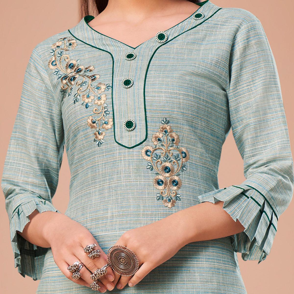 Flattering Light Blue Colored Partywear Embroidered Cotton Kurti