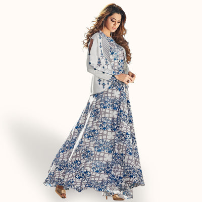 Flattering Light Gray-Blue Colored Party Wear Printed Rayon Kurti