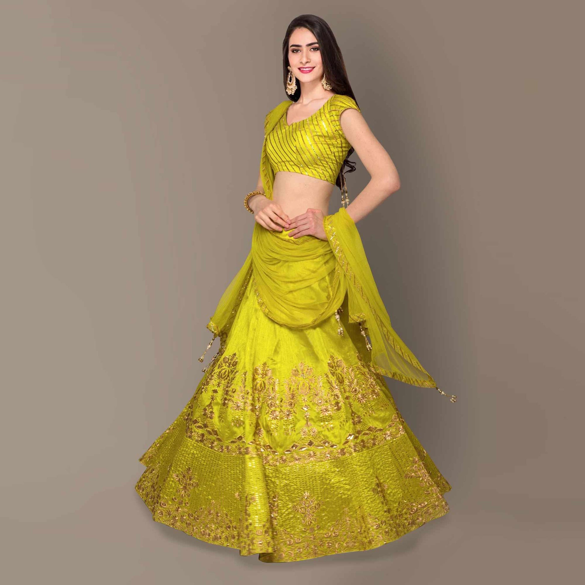 Flattering Lime Green Colored Partywear Embroidered Banglori Silk Lehenga