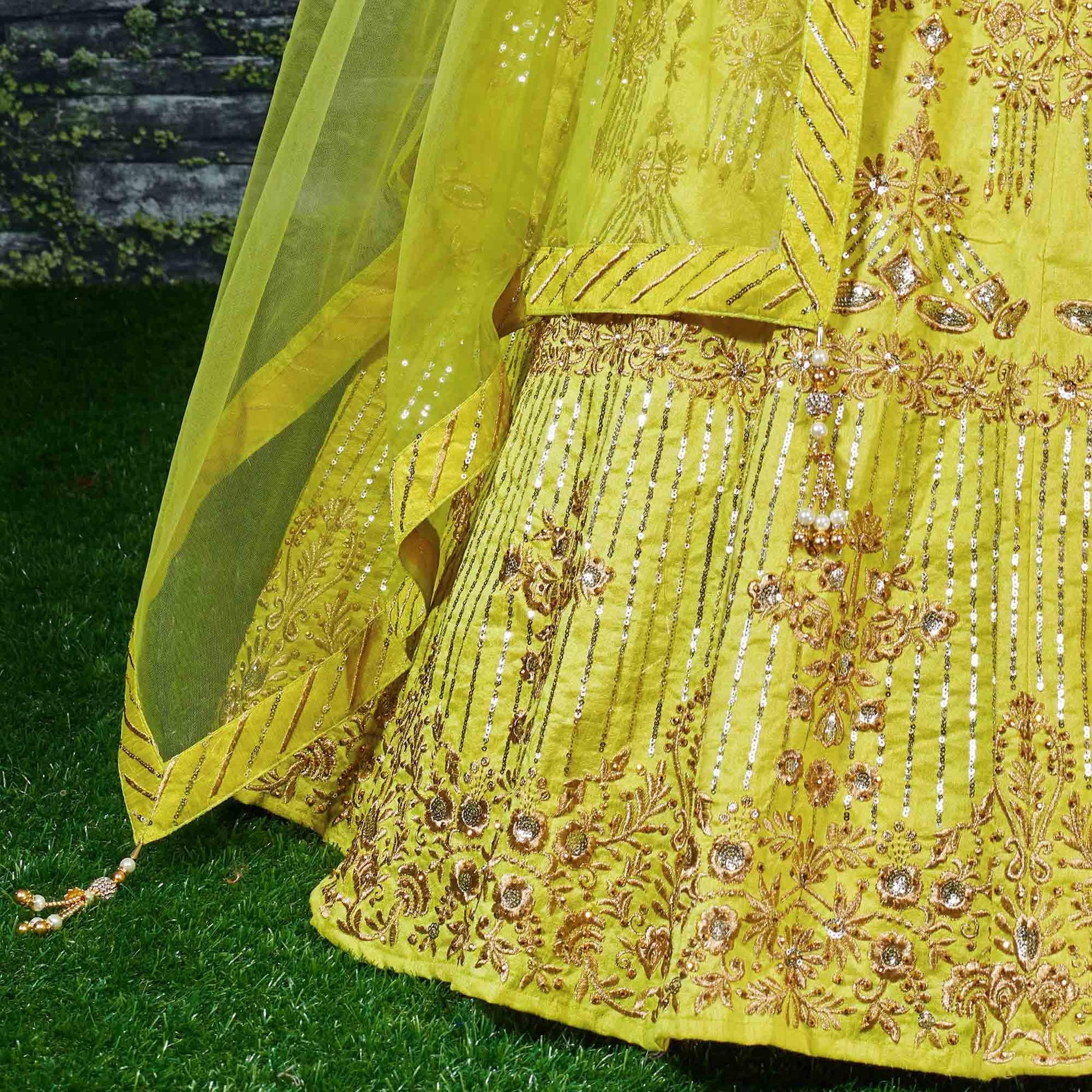 Flattering Lime Green Colored Partywear Embroidered Banglori Silk Lehenga