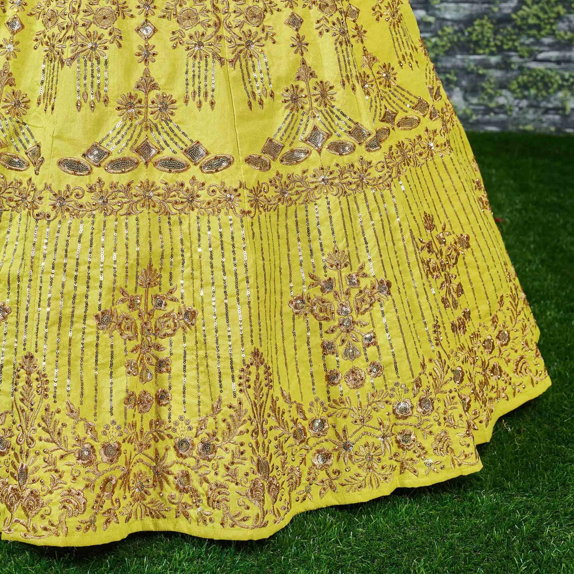 Flattering Lime Green Colored Partywear Embroidered Banglori Silk Lehenga