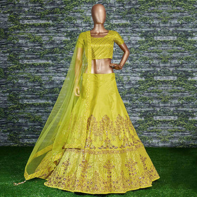 Flattering Lime Green Colored Partywear Embroidered Banglori Silk Lehenga