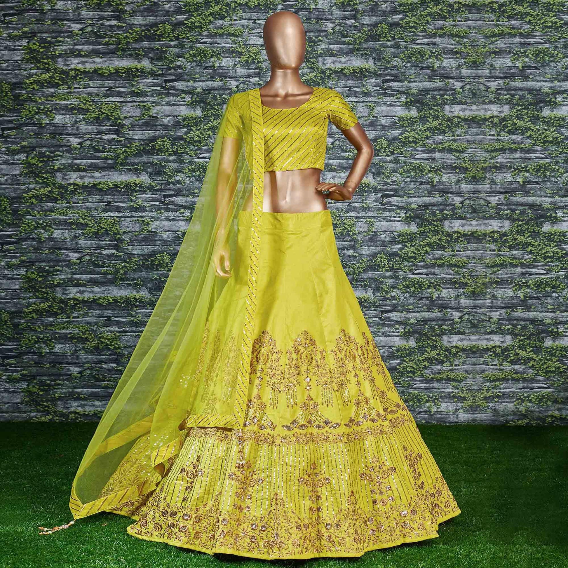 Flattering Lime Green Colored Partywear Embroidered Banglori Silk Lehenga