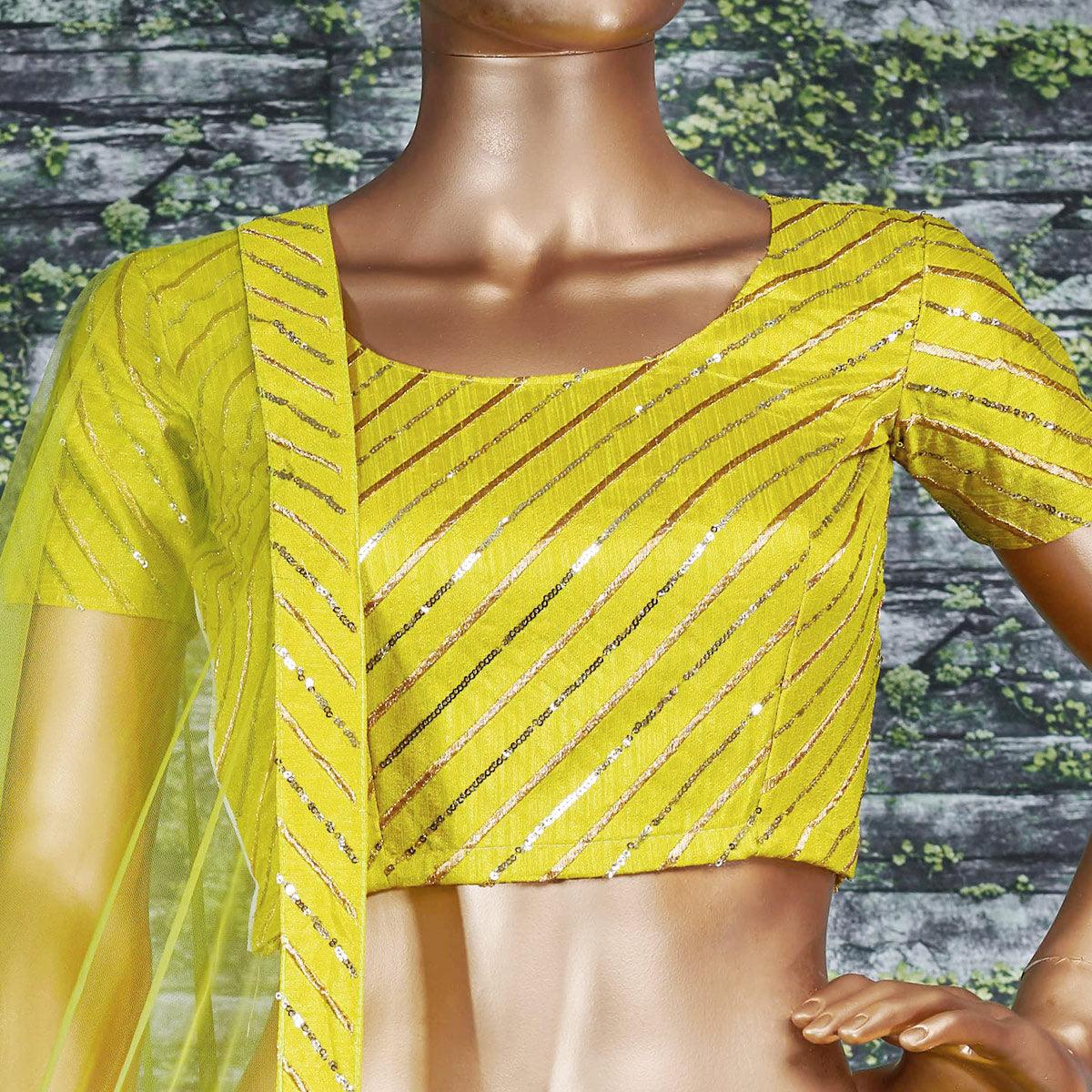 Flattering Lime Green Colored Partywear Embroidered Banglori Silk Lehenga