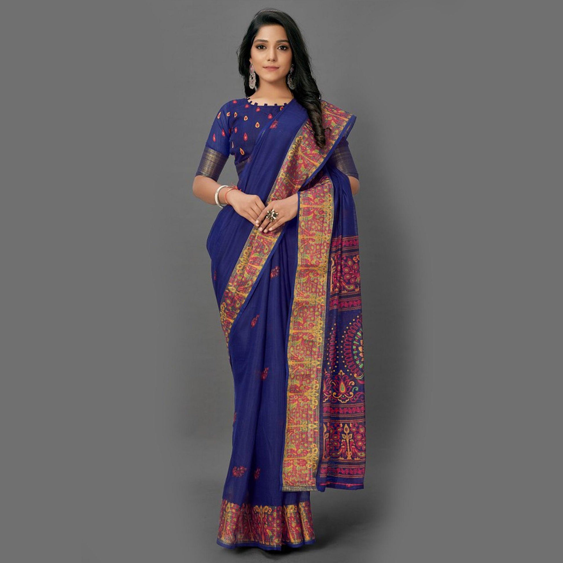 Flattering Navy Blue Colored Casual Wear Printed Cotton Saree