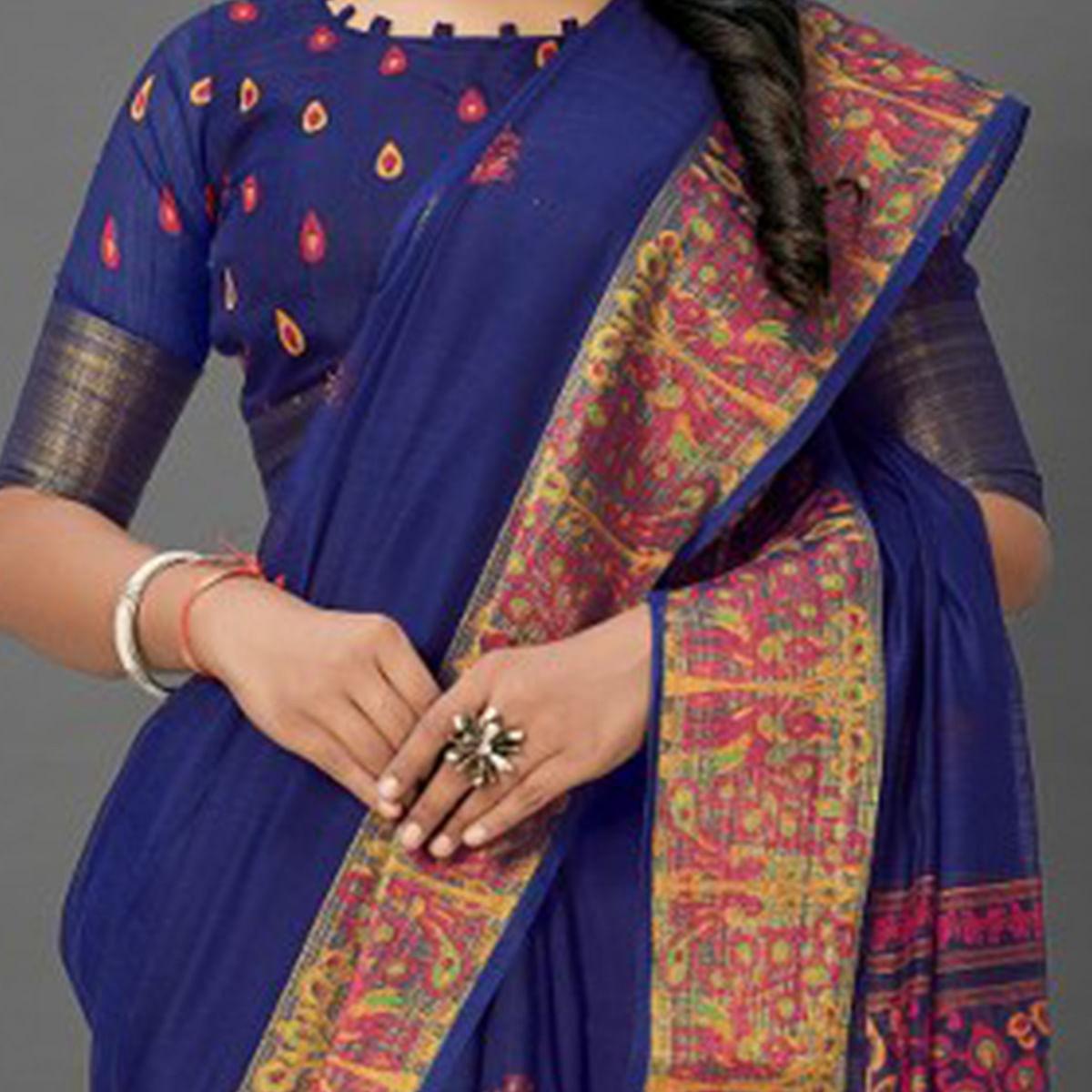 Flattering Navy Blue Colored Casual Wear Printed Cotton Saree