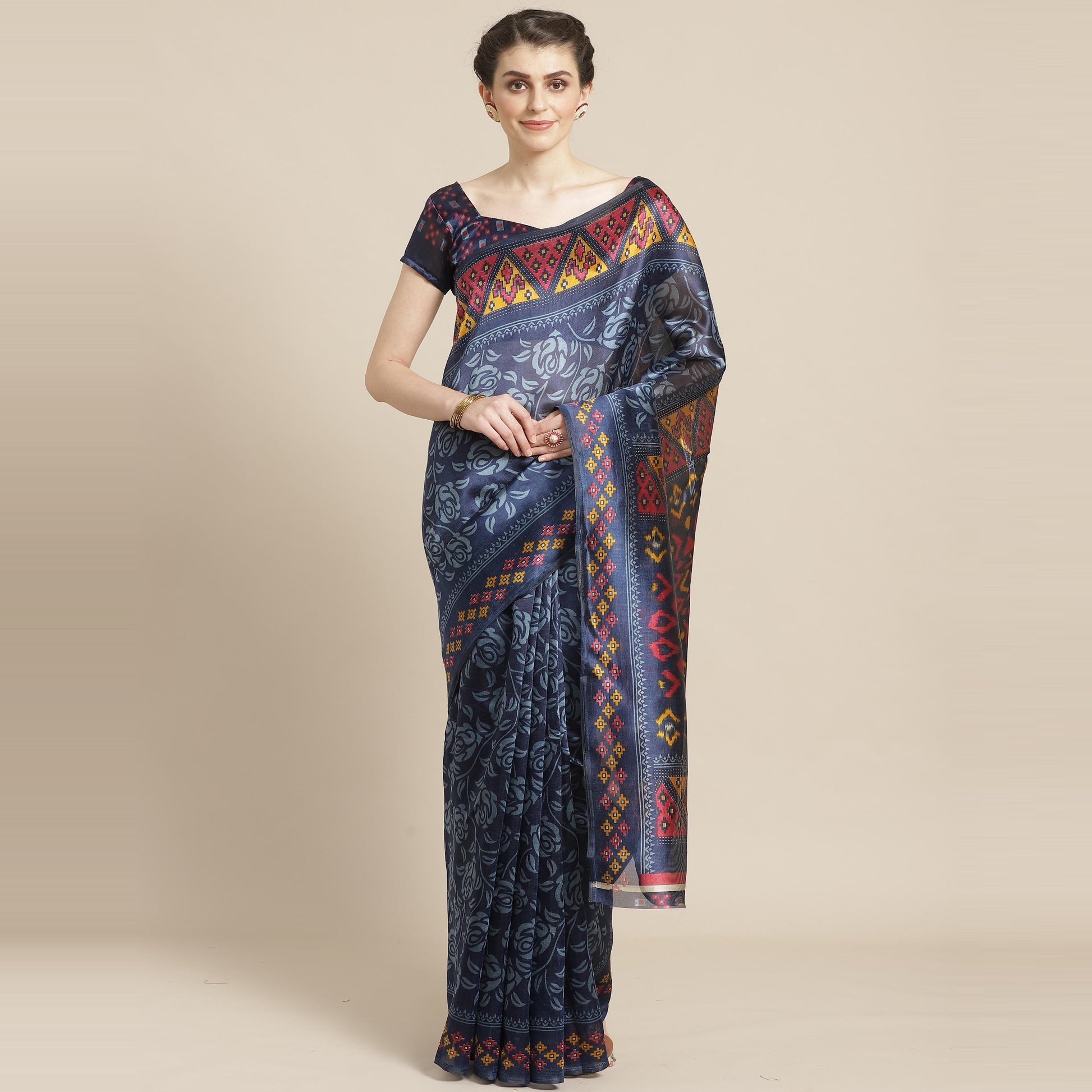 Flattering Navy Blue Colored Casual Wear Printed Lichi Silk Saree