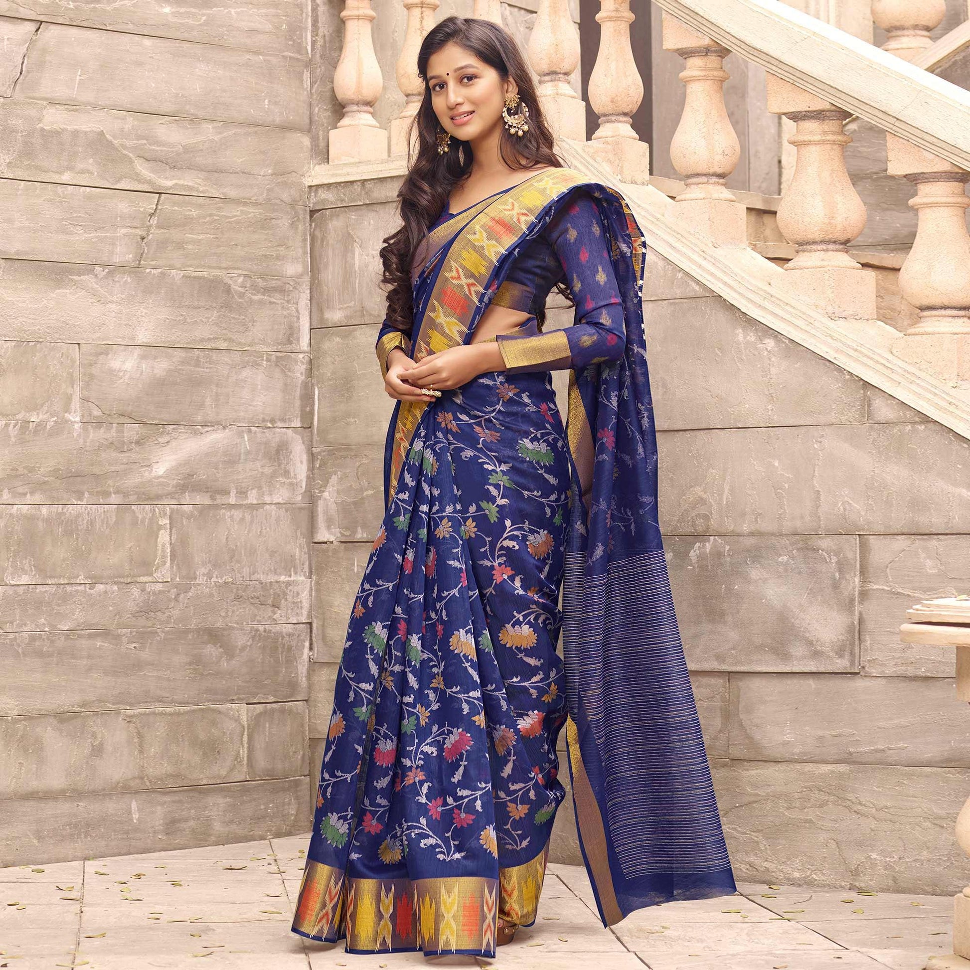 Flattering Navy Blue Colored Partywear Digital Printed Linen Saree