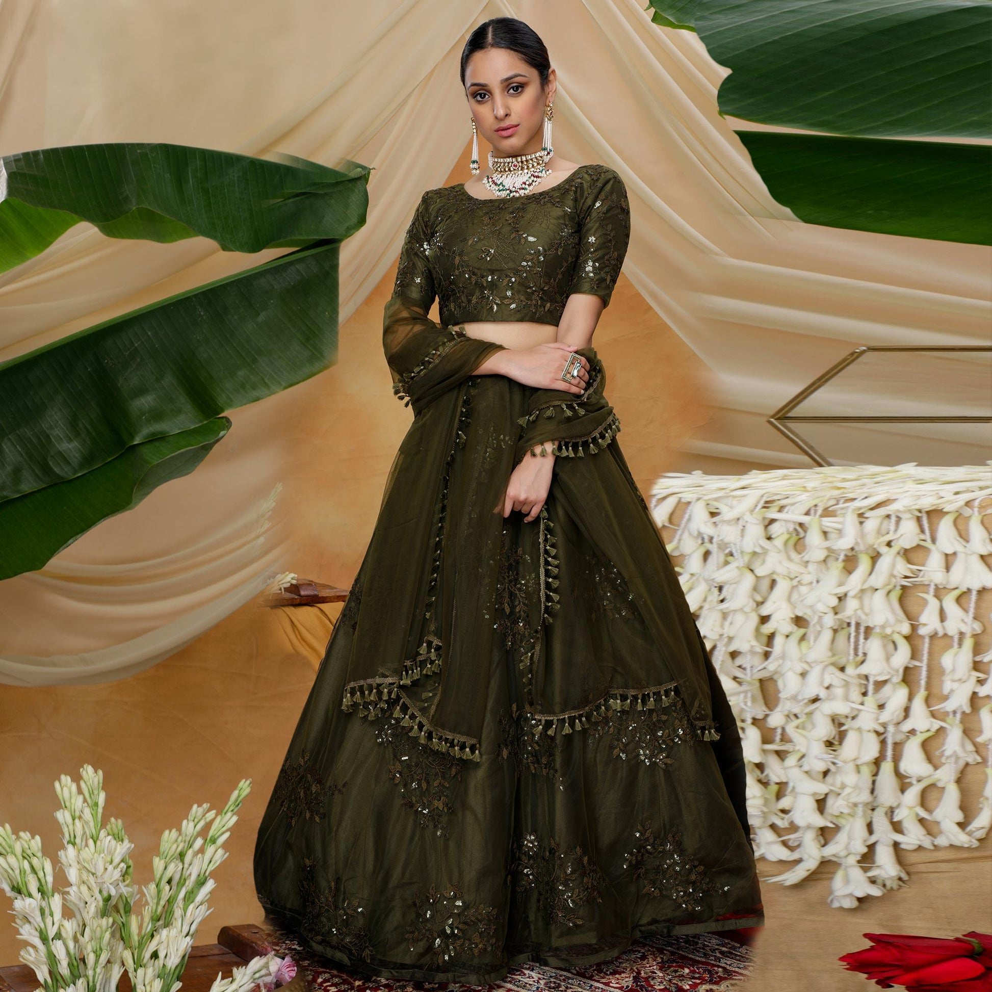 Flattering Olive Green Colored Designer Partywear Embroidered Net Lehenga Choli