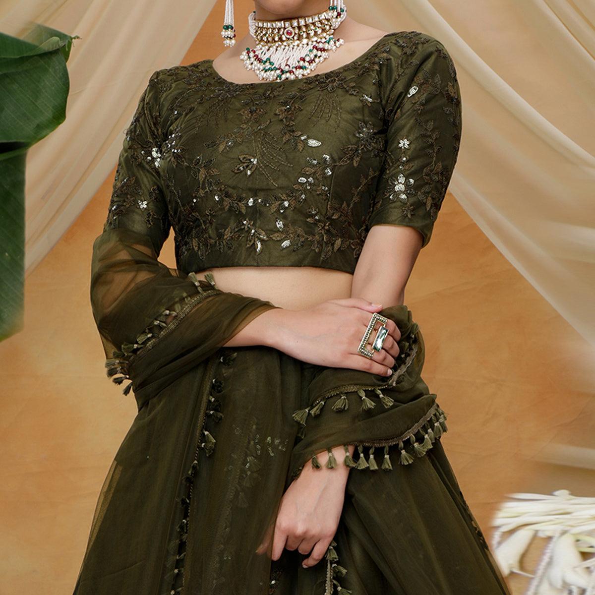 Flattering Olive Green Colored Designer Partywear Embroidered Net Lehenga Choli