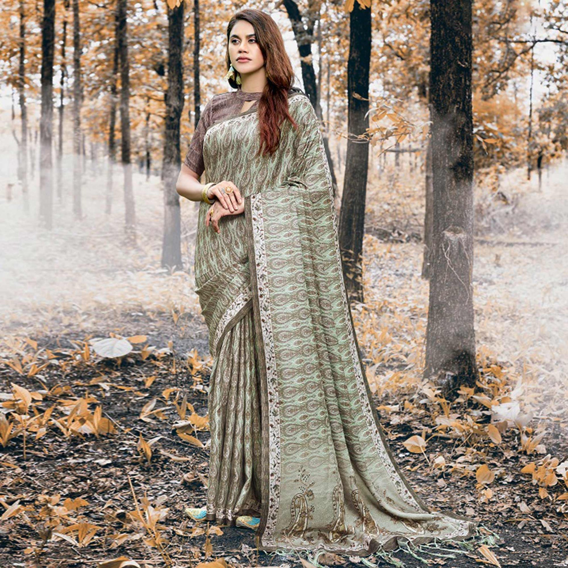 Flattering Olive Green Colored Festive Wear Printed Art Silk Saree