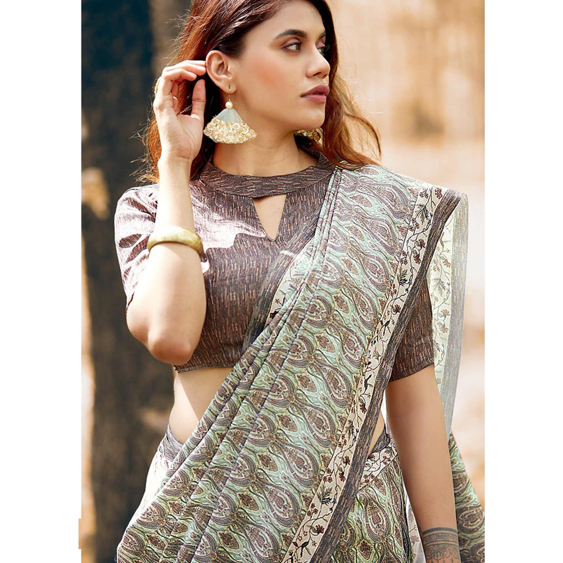 Flattering Olive Green Colored Festive Wear Printed Art Silk Saree