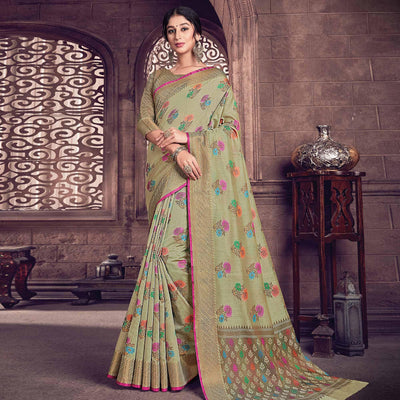 Flattering Olive Green Colored Festive Wear Woven Handloom Silk Saree