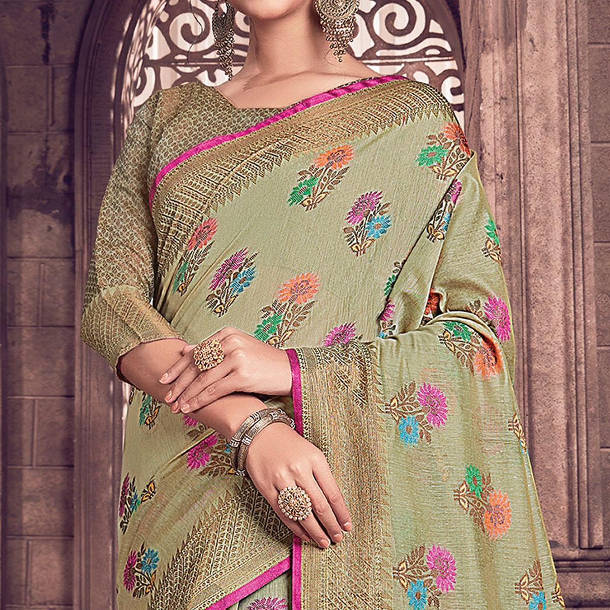 Flattering Olive Green Colored Festive Wear Woven Handloom Silk Saree