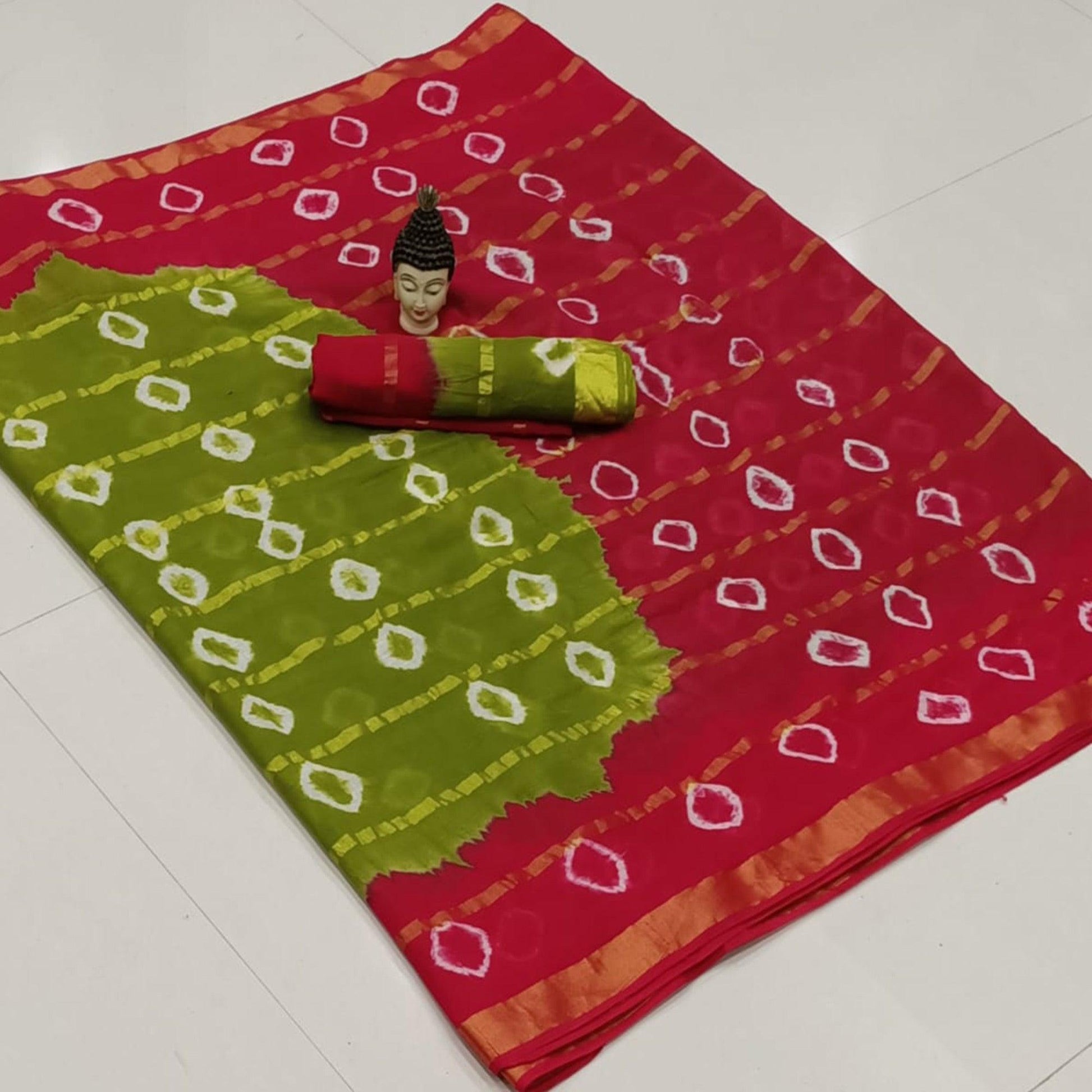 Flattering Olive Green-Red Colored Casual Wear Bandhani Print Cotton Saree