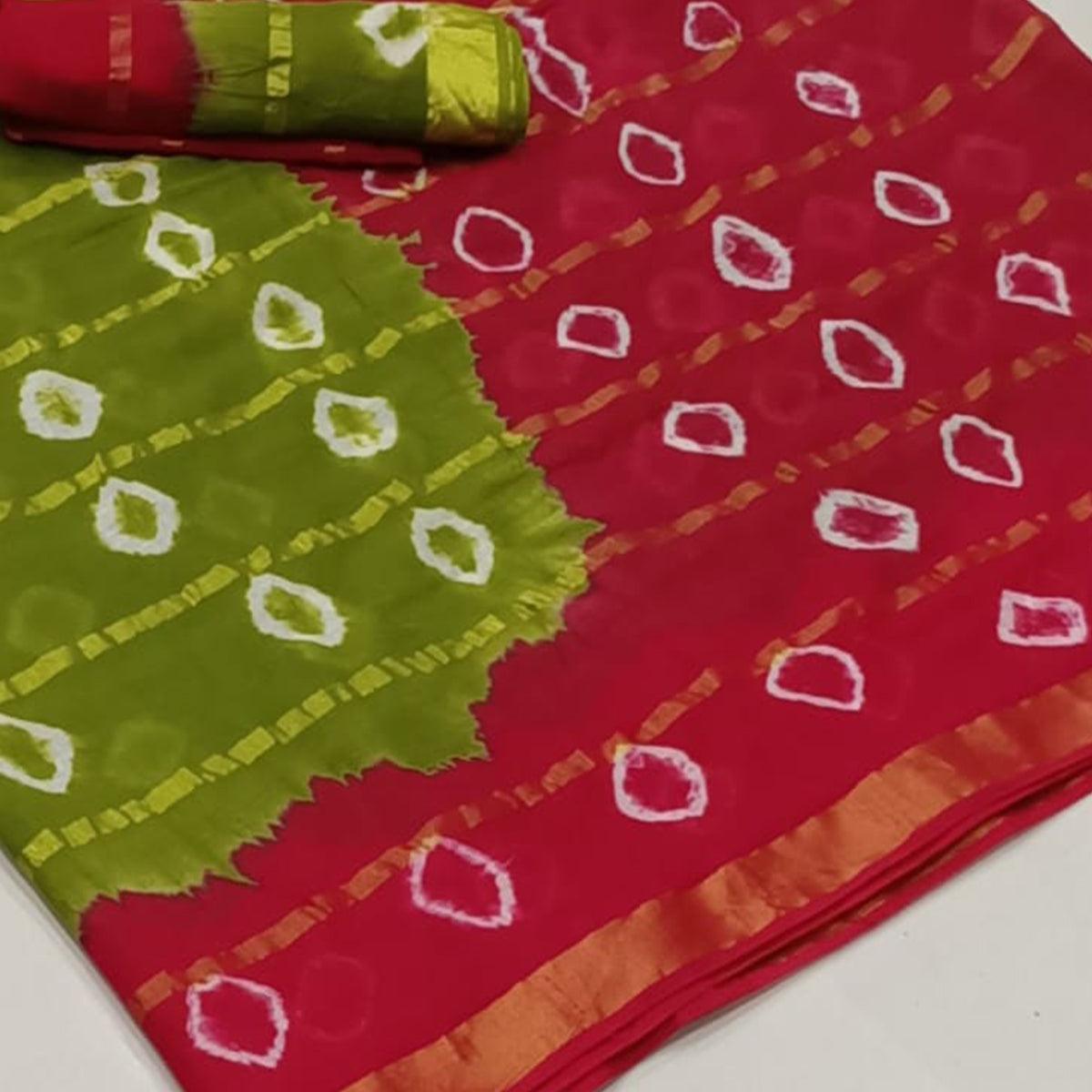 Flattering Olive Green-Red Colored Casual Wear Bandhani Print Cotton Saree