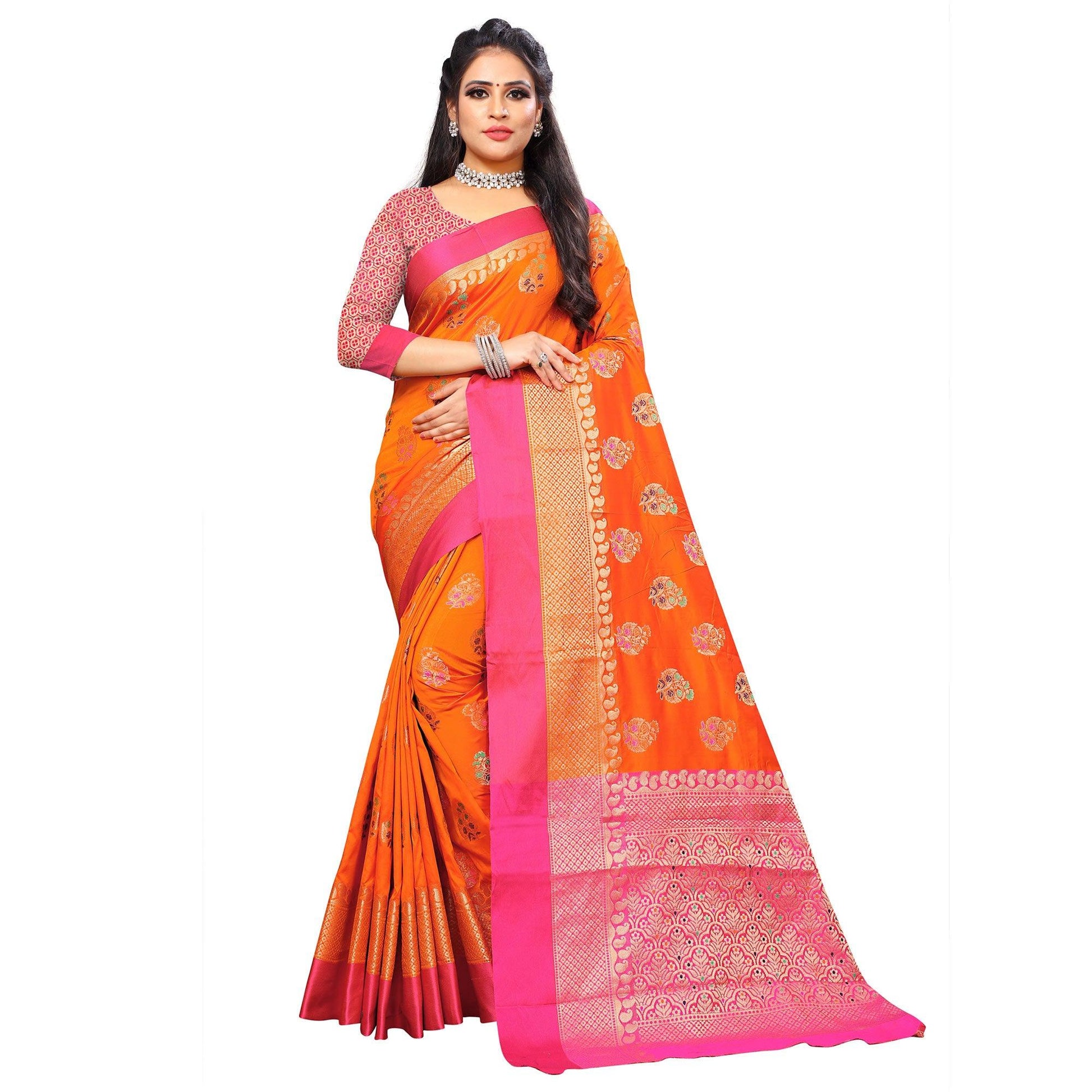 Flattering Orange Colored Festive Wear Woven Silk Saree