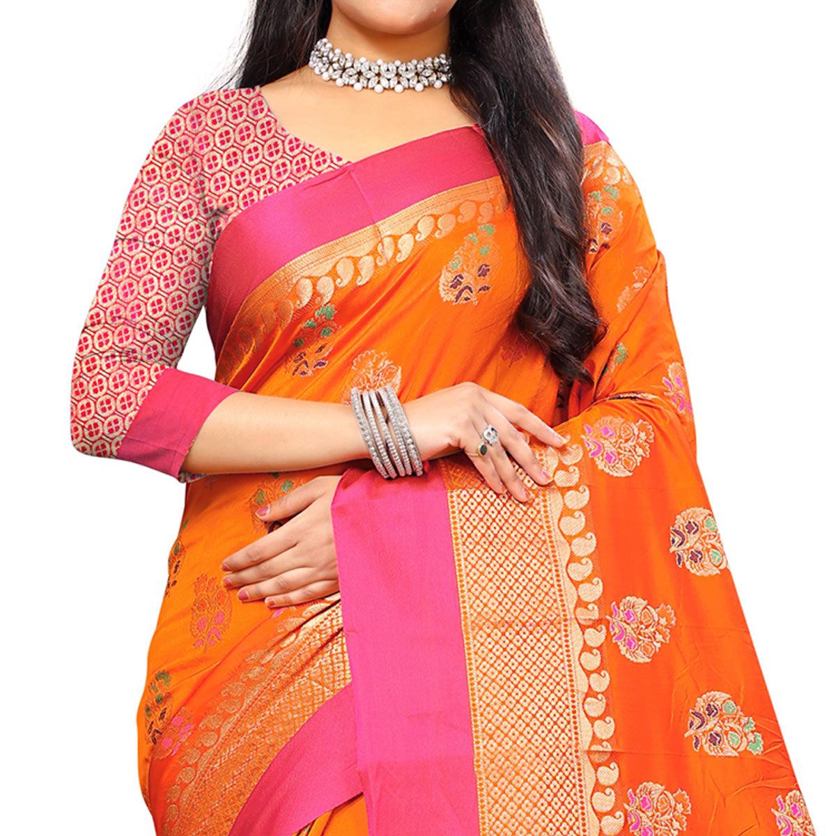 Flattering Orange Colored Festive Wear Woven Silk Saree