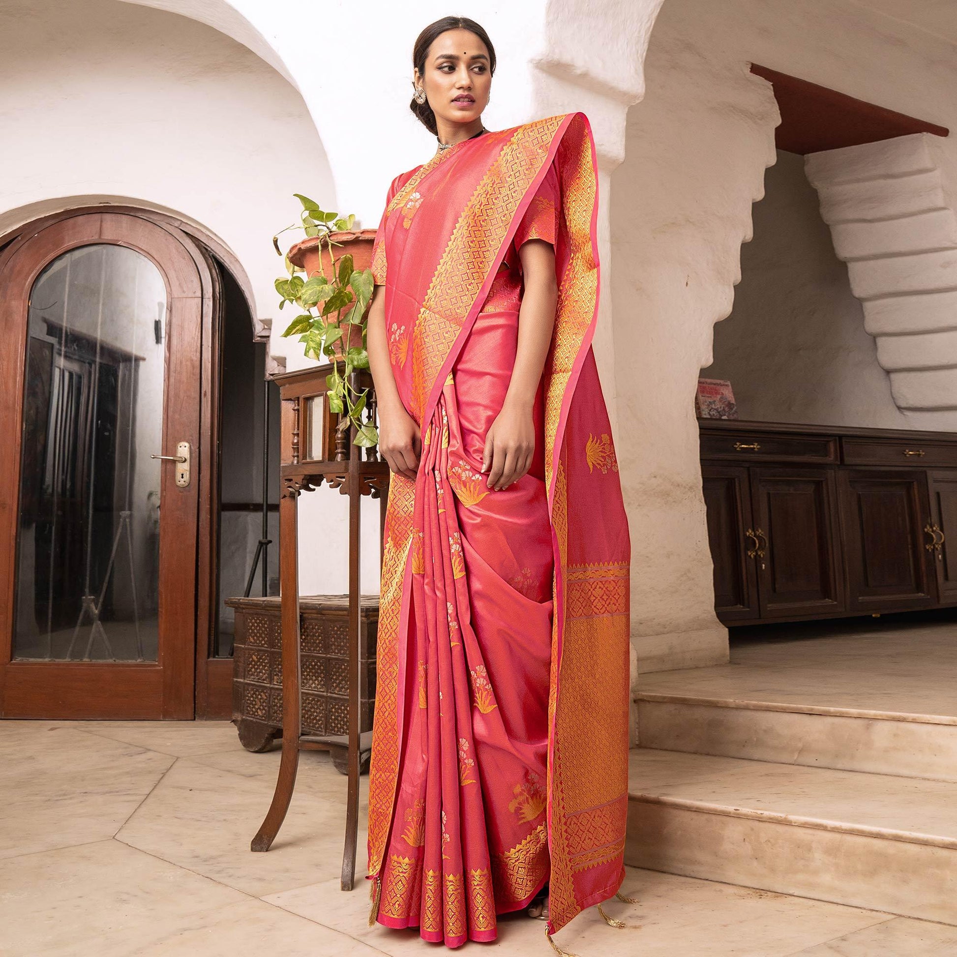 Flattering Peach Colored Festive Wear Woven Silk Saree