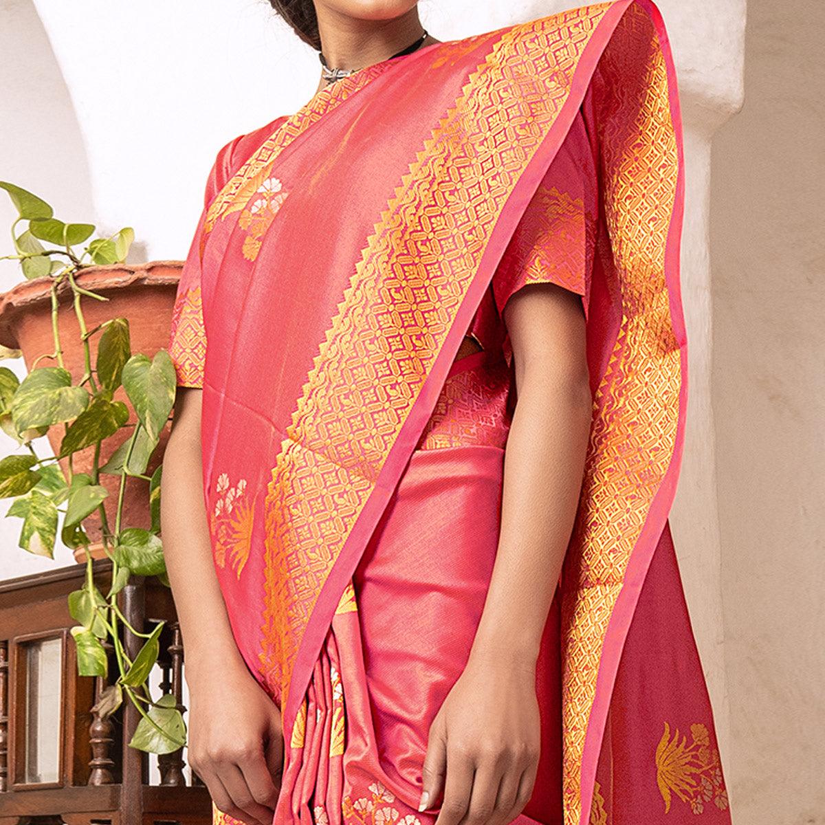 Flattering Peach Colored Festive Wear Woven Silk Saree