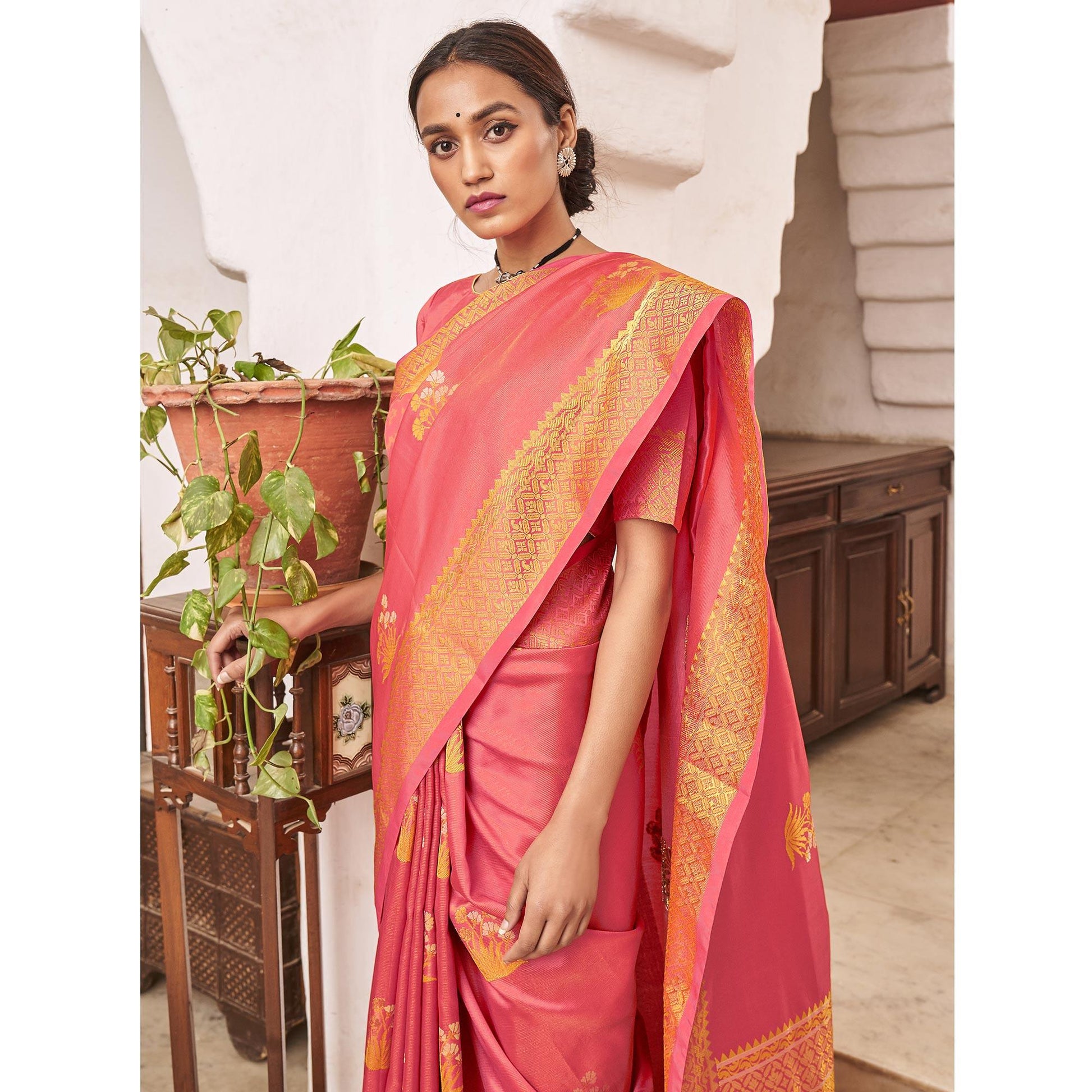 Flattering Peach Colored Festive Wear Woven Silk Saree