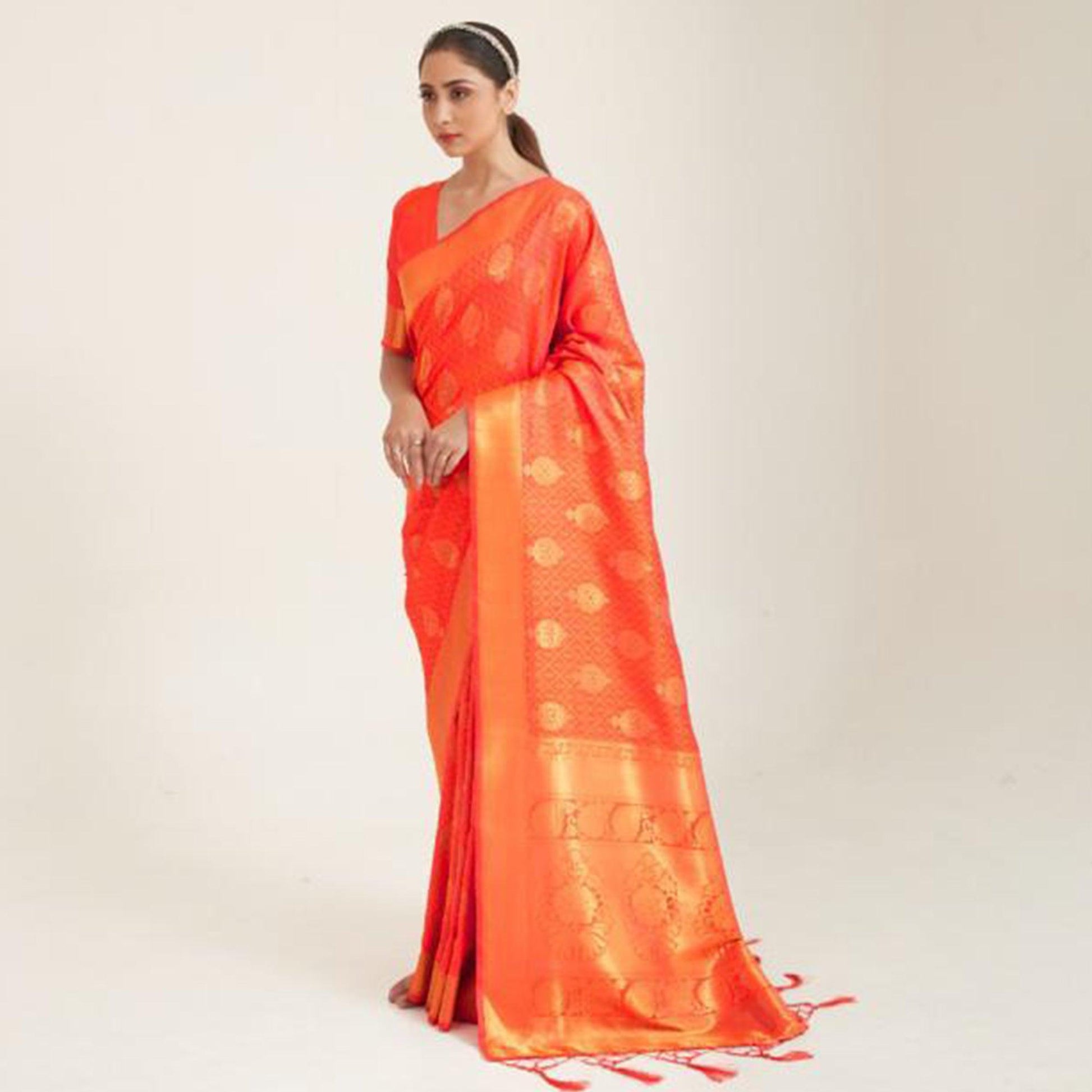 Flattering Peach Coloured Festive Wear Handloom Woven Silk Saree