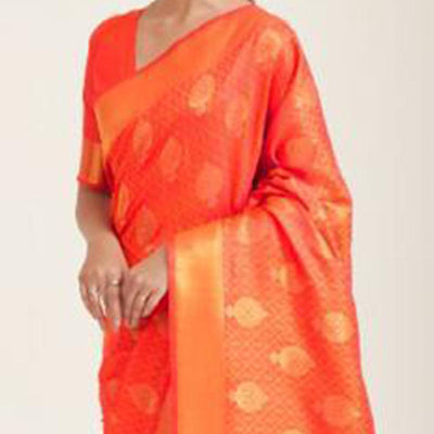 Flattering Peach Coloured Festive Wear Handloom Woven Silk Saree