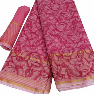 Flattering Pink Colored Casual Wear Floral Printed Net Saree