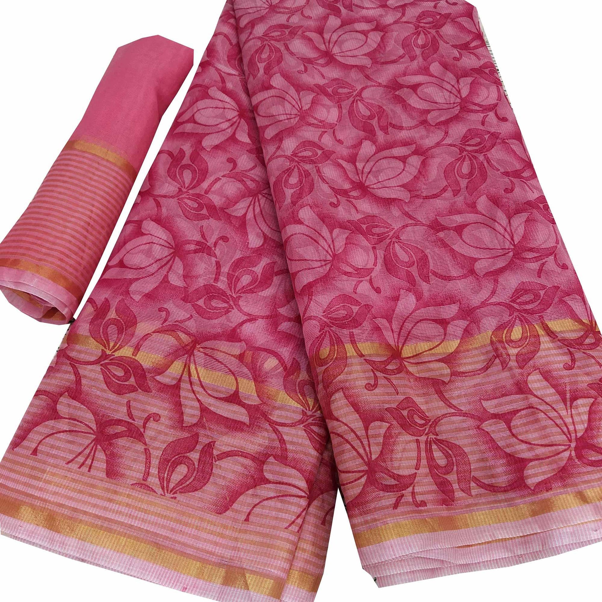 Flattering Pink Colored Casual Wear Floral Printed Net Saree