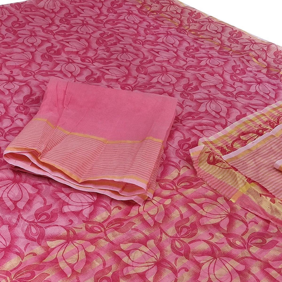 Flattering Pink Colored Casual Wear Floral Printed Net Saree