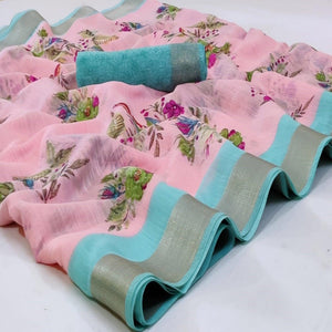 Flattering Pink Colored Casual Wear Printed Linen Saree
