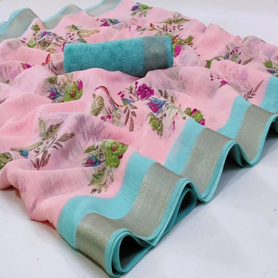 Flattering Pink Colored Casual Wear Printed Linen Saree