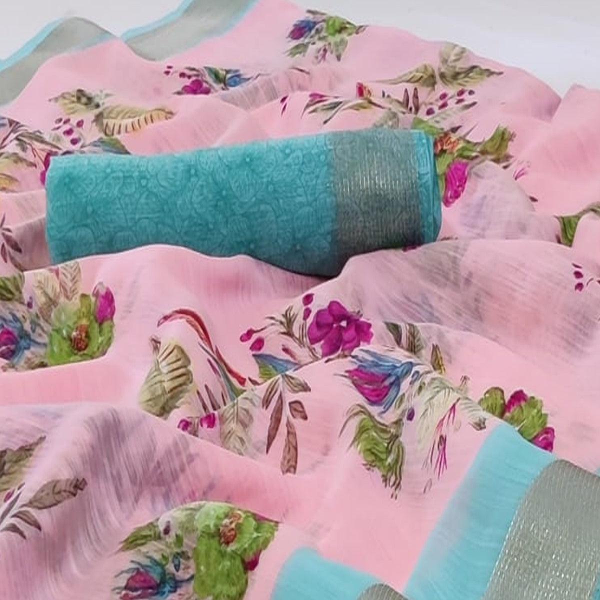 Flattering Pink Colored Casual Wear Printed Linen Saree