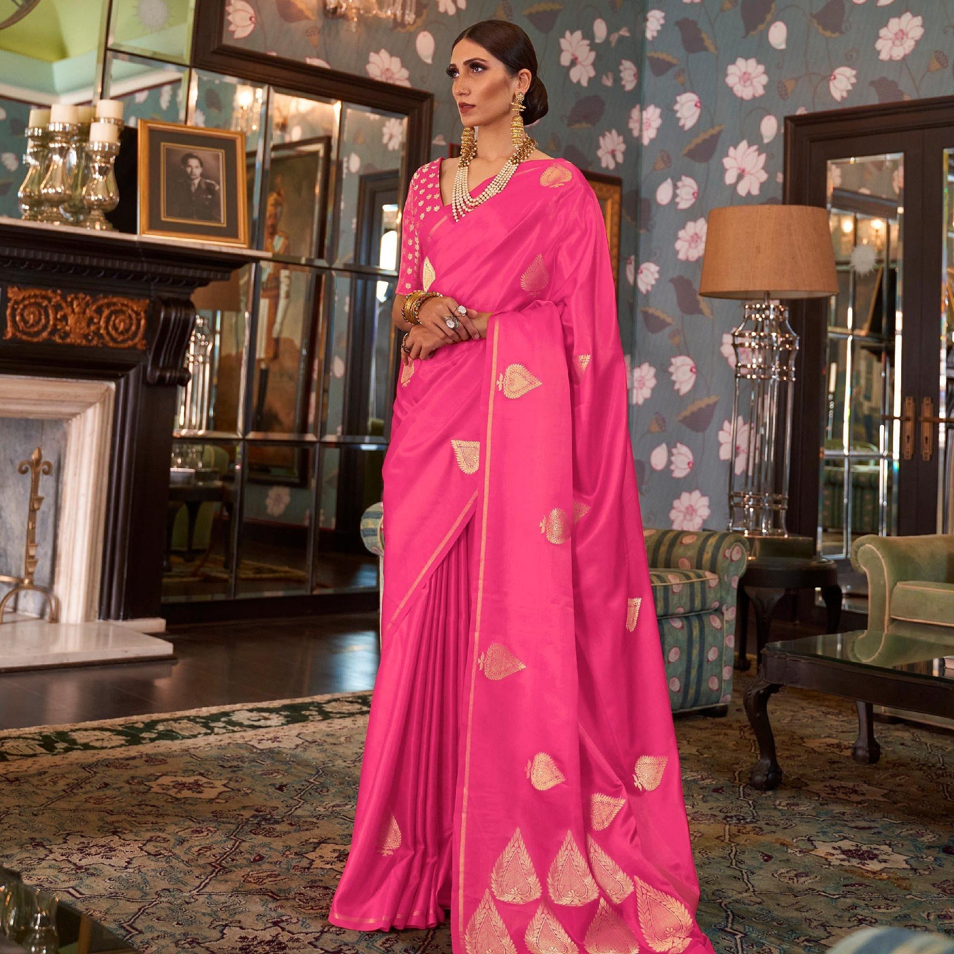 Flattering Pink Colored Festive Wear Woven Pure Satin Silk Saree