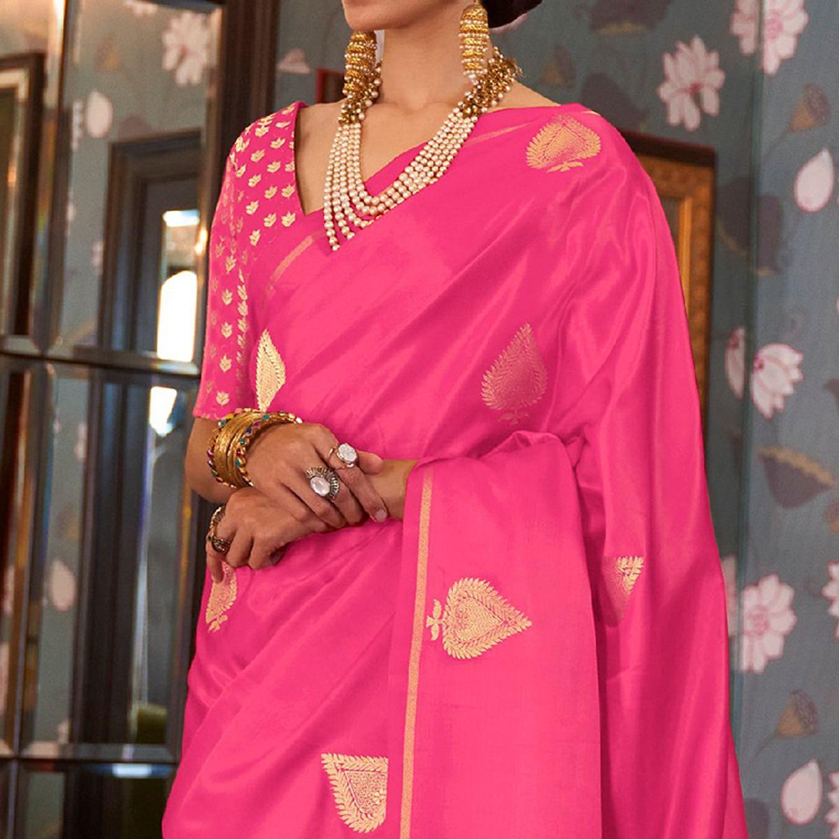 Flattering Pink Colored Festive Wear Woven Pure Satin Silk Saree