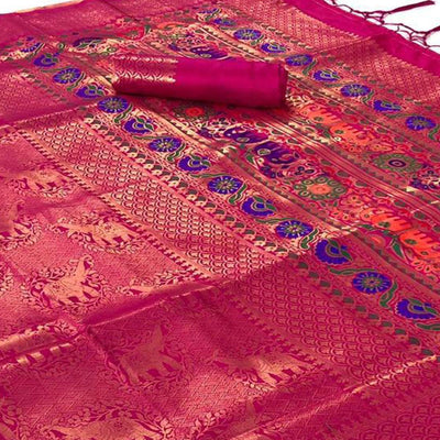 Flattering Pink Colored Festive Wear Woven Pure Soft Silk Saree