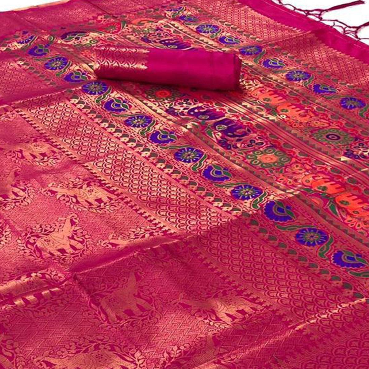 Flattering Pink Colored Festive Wear Woven Pure Soft Silk Saree