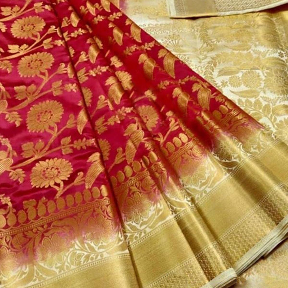 Flattering Pink Colored Festive Wear Woven Silk Blend Saree