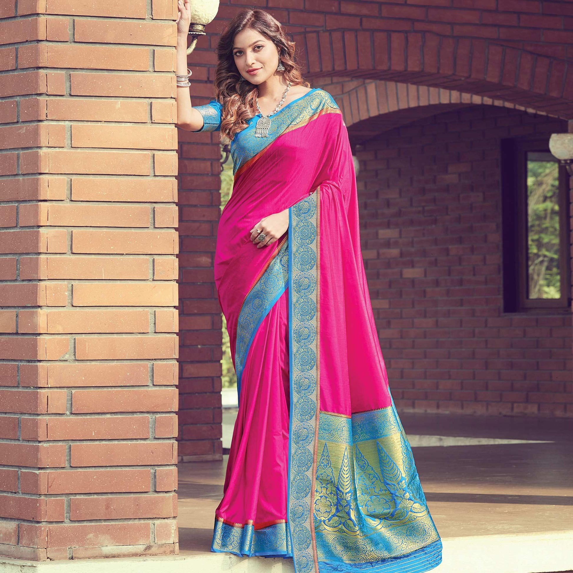 Flattering Pink Colored Festive Wear Woven Silk Sareee