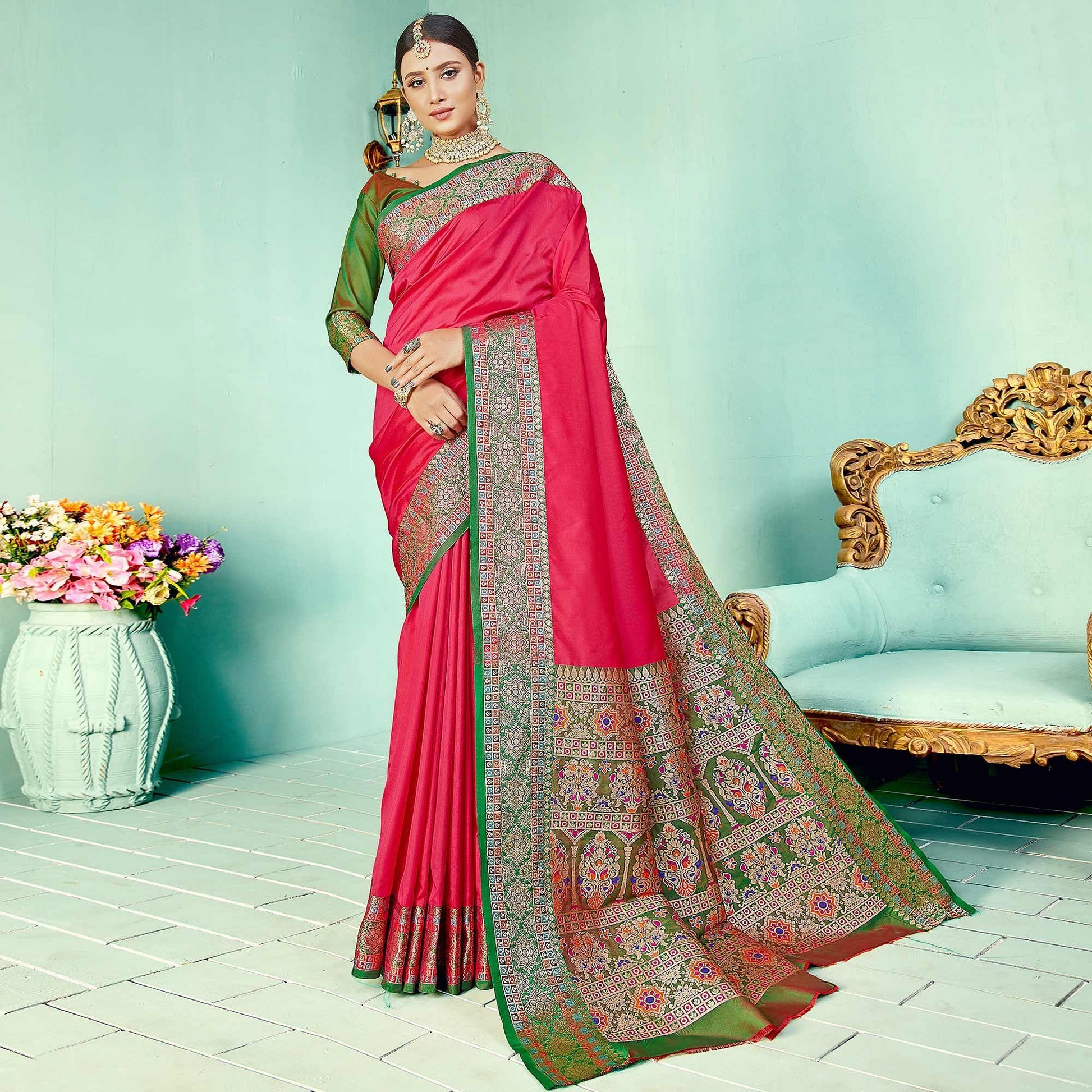 Flattering Pink Coloured Partywear Woven Silk Saree