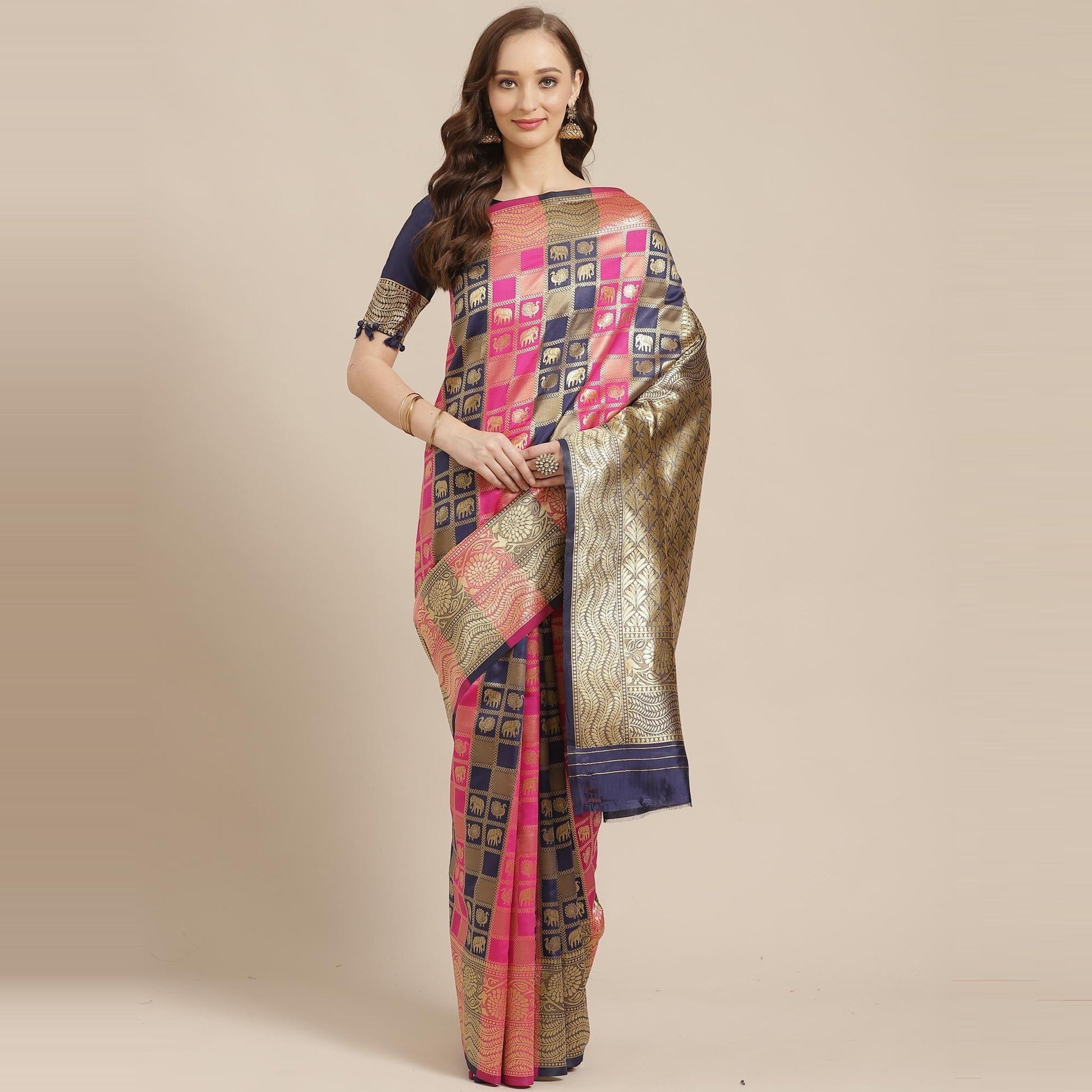 Flattering Pink - Navy Blue Colored Festive Wear Woven Silk Blend Saree