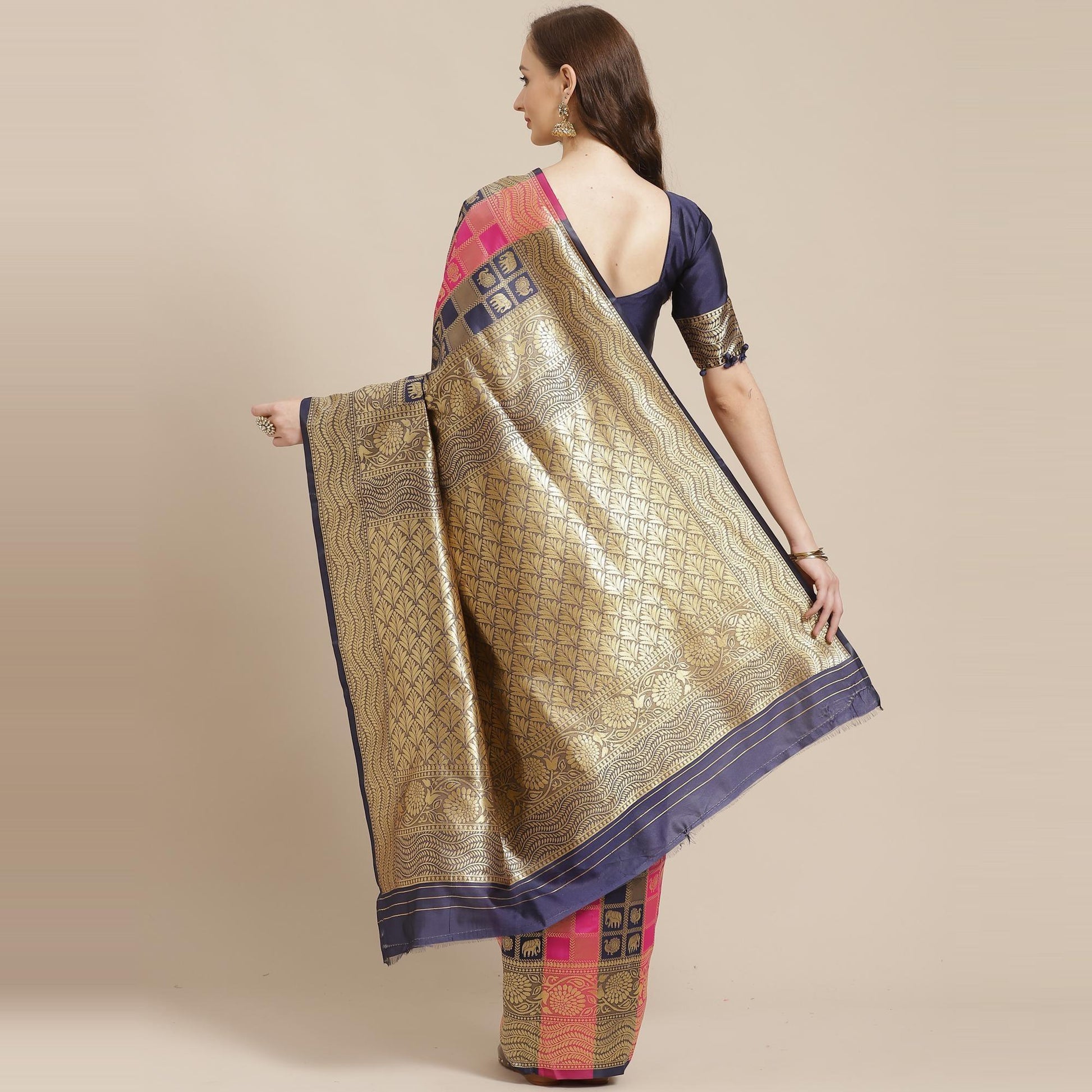 Flattering Pink - Navy Blue Colored Festive Wear Woven Silk Blend Saree